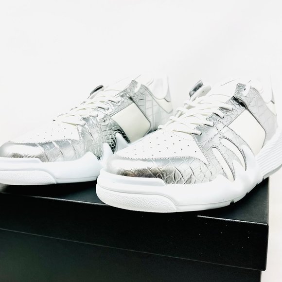 GIUSEPPE ZANOTTI Birel Vague Bianco White & Silver Croc Leather Mens Sneakers